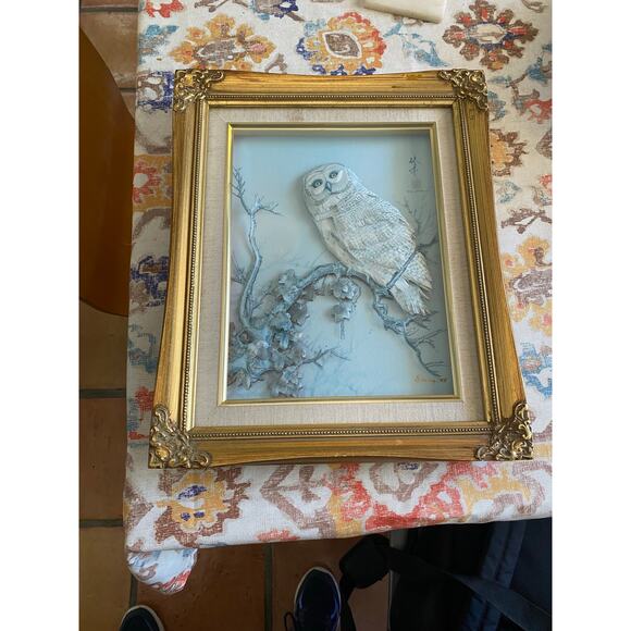 Handmade Vtg 3D Owl Framed Paper Art Work TC Chiu‎ , Genny 88 gold Frame - Picture 7 of 10